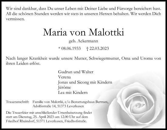 Anzeige von Maria von Malottki von Kölner Stadt-Anzeiger / Kölnische Rundschau / Express