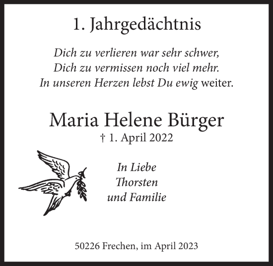 Anzeige von Maria Helene Bürger von  Wochenende 