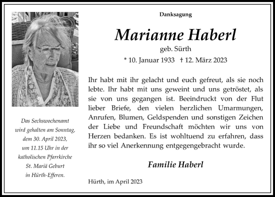 Anzeige von Marianne Haberl von Köln - Wir Trauern