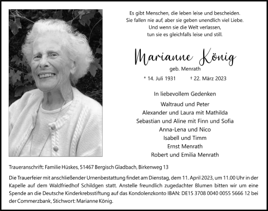 Anzeige von Marianne König von  Bergisches Handelsblatt 