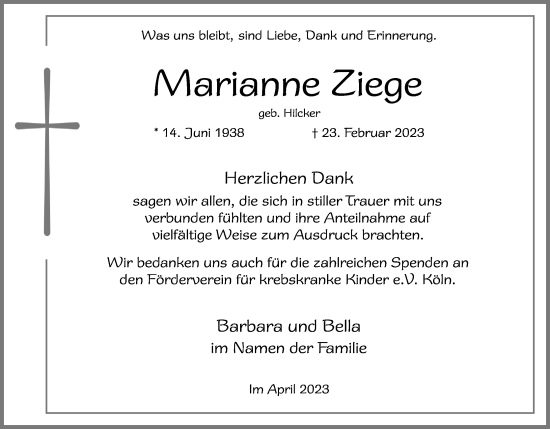 Anzeige von Marianne Ziege von Kölner Stadt-Anzeiger / Kölnische Rundschau / Express