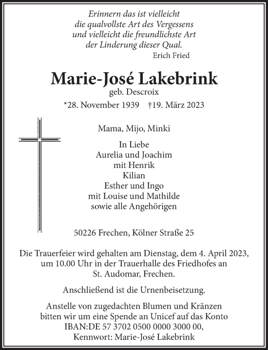 Anzeige von Marie-Jose Lakebrink von  Wochenende 