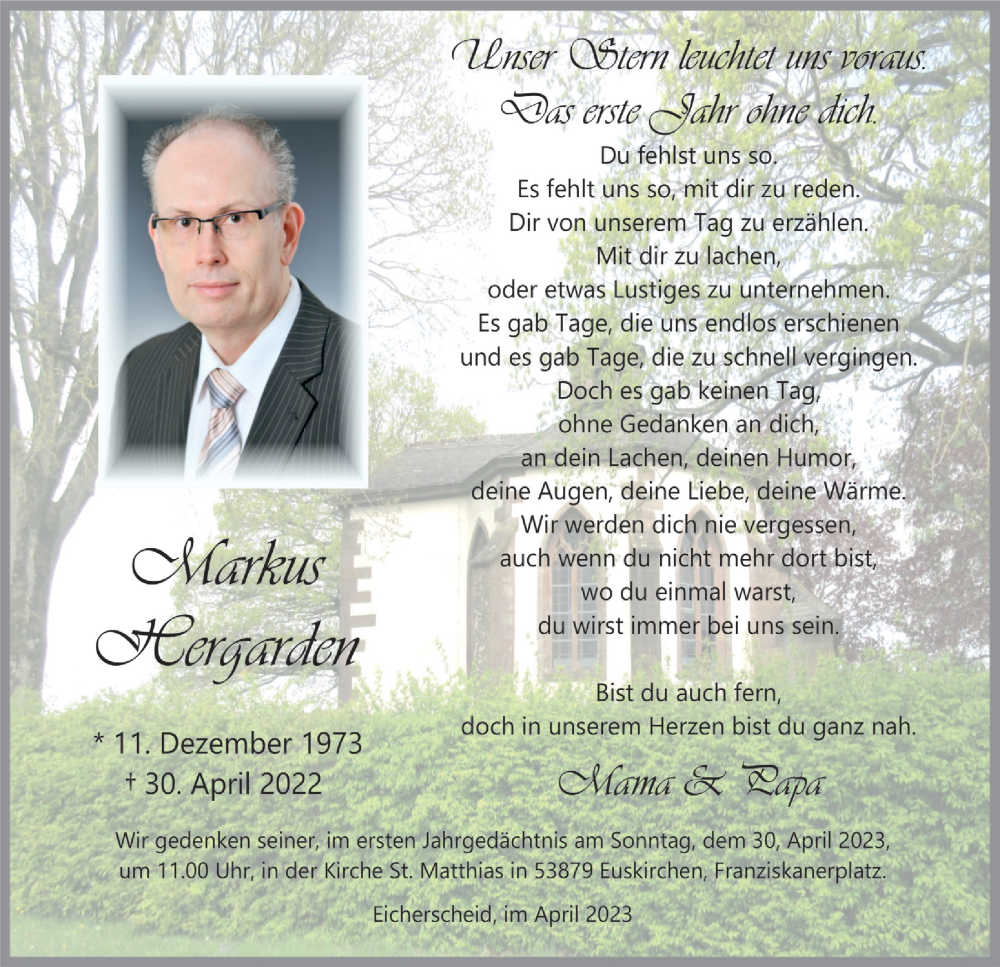 Traueranzeige für Markus Hergarden vom 22.04.2023 aus  Blickpunkt Euskirchen 