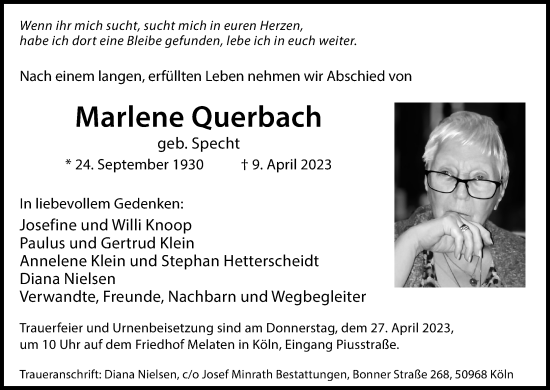 Anzeige von Marlene Querbach von Kölner Stadt-Anzeiger / Kölnische Rundschau / Express