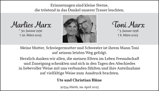 Anzeige von Marlies Marx von  Wochenende 