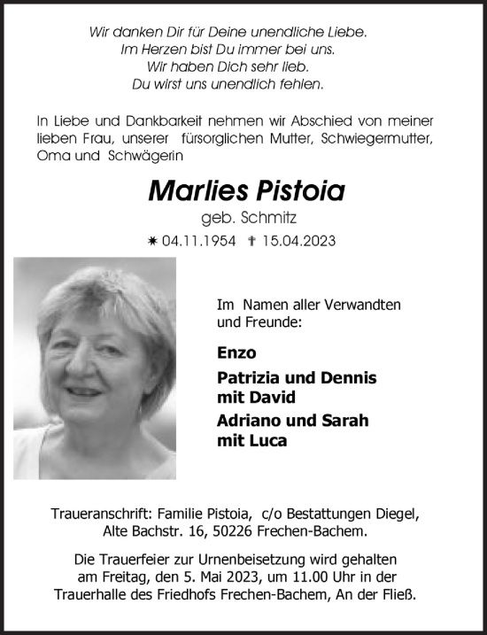Anzeige von Marlies Pistoia von  Wochenende 