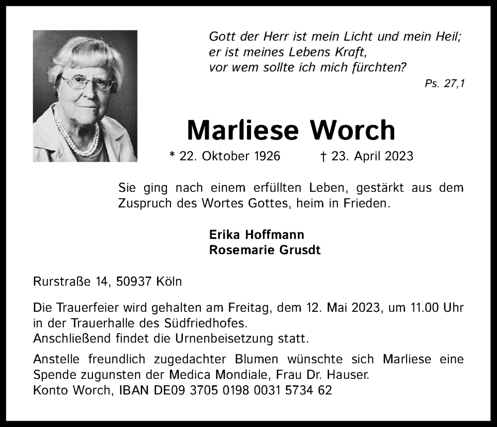  Traueranzeige für Marliese Worch vom 29.04.2023 aus Kölner Stadt-Anzeiger / Kölnische Rundschau / Express
