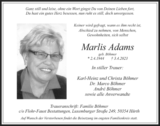 Anzeige von Marlis Adams von  Wochenende 