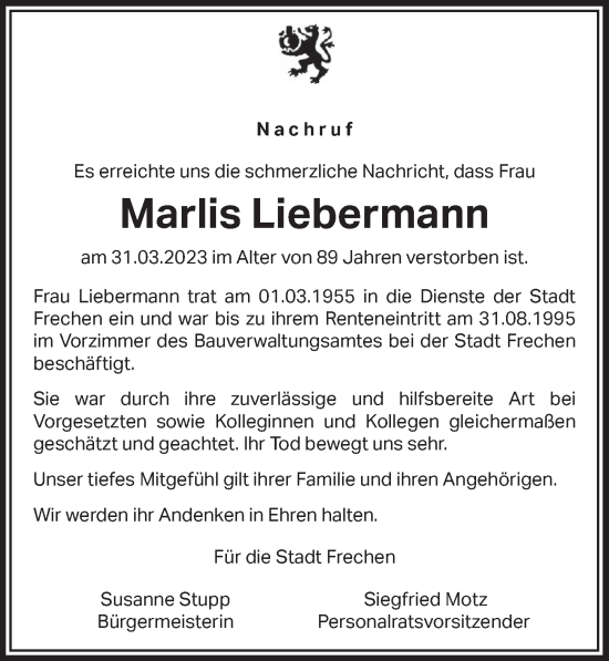 Anzeige von Marlis Liebermann von  Wochenende 