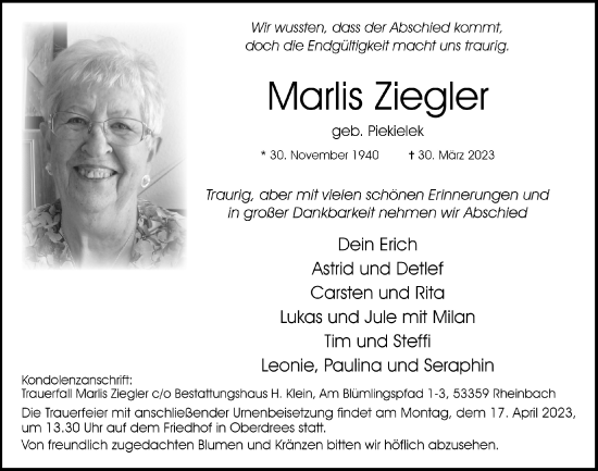 Anzeige von Marlis Ziegler von  Schaufenster/Blickpunkt 