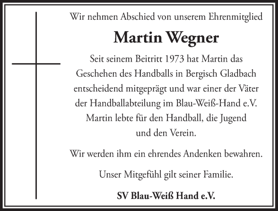 Anzeige von Martin Wegner von  Bergisches Handelsblatt 