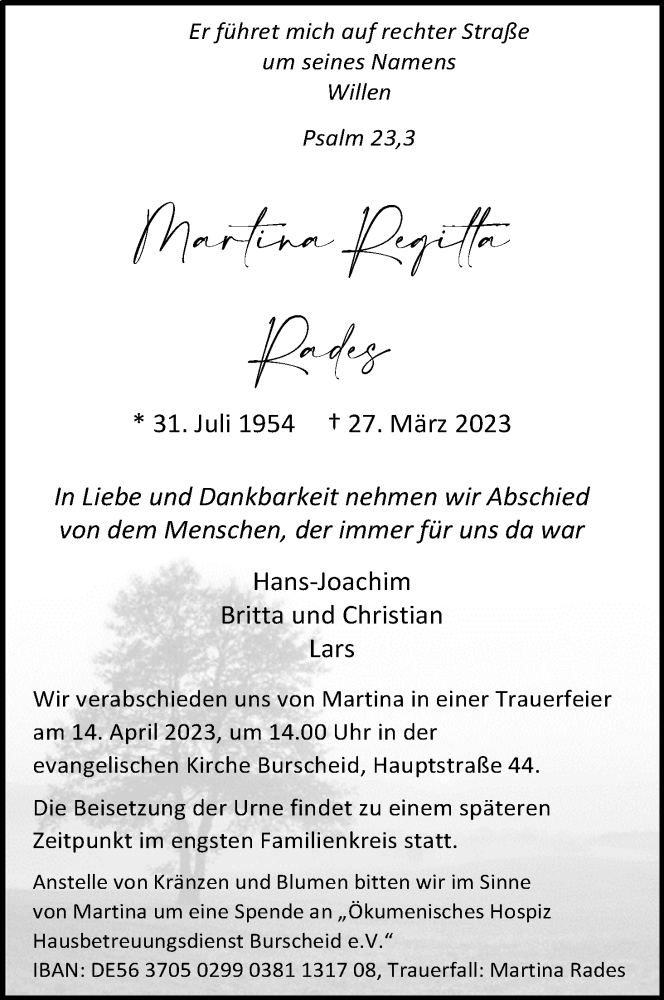 Traueranzeige für Martina Regitta Rades vom 08.04.2023 aus Kölner Stadt-Anzeiger / Kölnische Rundschau / Express