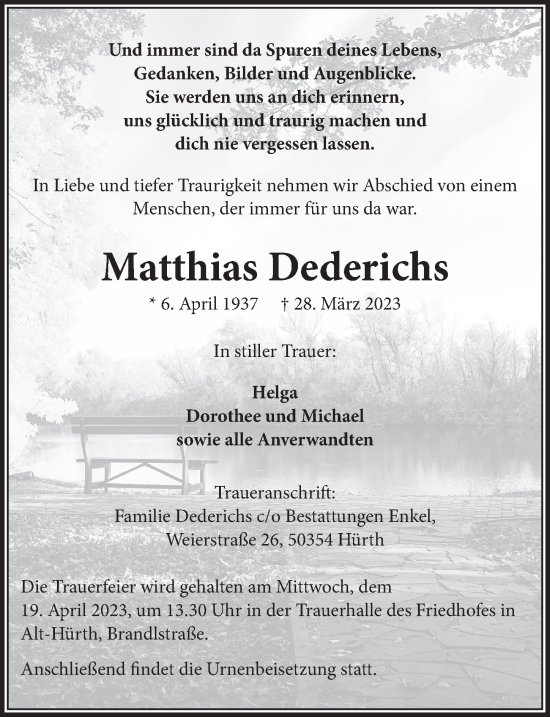 Anzeige von Matthias Dederichs von  Wochenende 