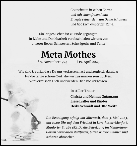 Anzeige von Meta Mothes von Kölner Stadt-Anzeiger / Kölnische Rundschau / Express