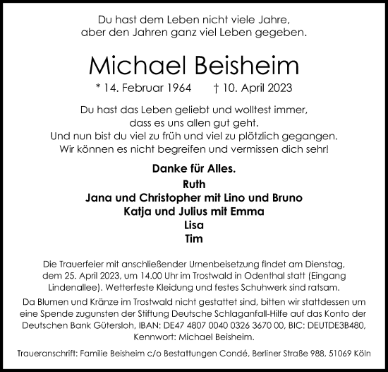 Anzeige von Michael Beisheim von Kölner Stadt-Anzeiger / Kölnische Rundschau / Express