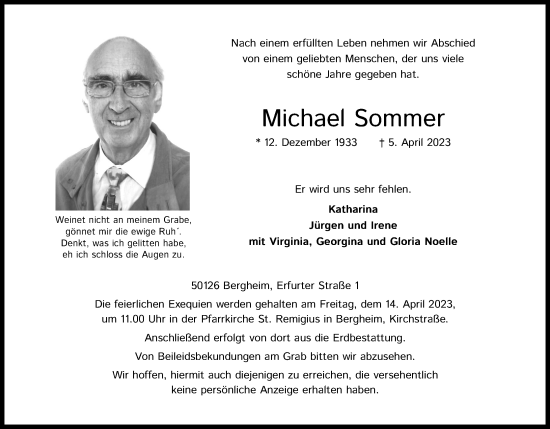 Anzeige von Michael Sommer von Kölner Stadt-Anzeiger / Kölnische Rundschau / Express