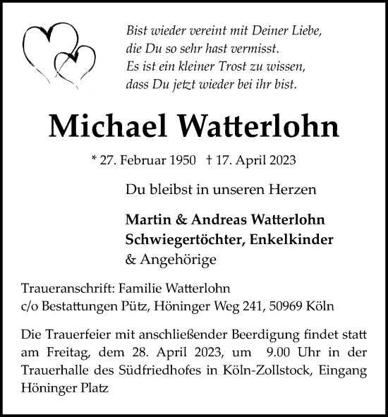 Anzeige von Michael Watterlohn von Kölner Stadt-Anzeiger / Kölnische Rundschau / Express