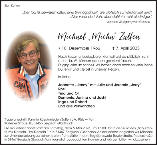 Anzeige von Michael Zalfen von Kölner Stadt-Anzeiger / Kölnische Rundschau / Express