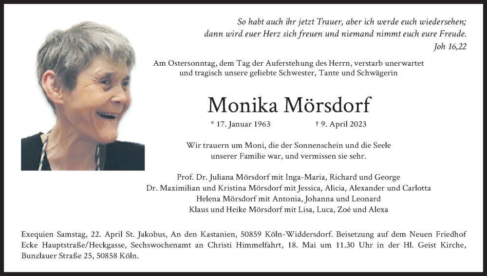  Traueranzeige für Ingo, Elfriede & Monika Mörsdorf vom 20.04.2023 aus Kölner Stadt-Anzeiger / Kölnische Rundschau / Express