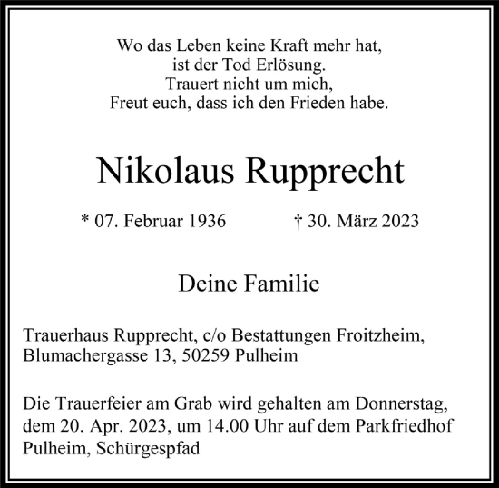 Anzeige von Nikolaus Rupprecht von  Wochenende 