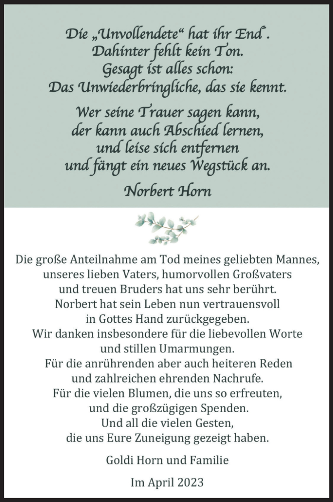  Traueranzeige für Norbert Horn vom 29.04.2023 aus Kölner Stadt-Anzeiger / Kölnische Rundschau / Express