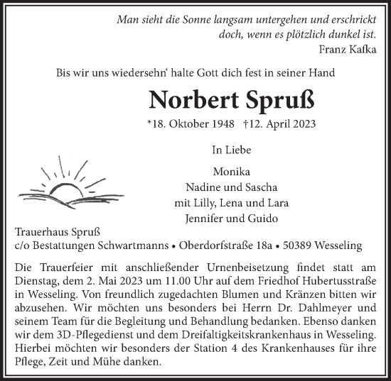Anzeige von Norbert Spruß von  Schlossbote/Werbekurier 