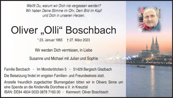 Anzeige von Oliver Boschbach von Kölner Stadt-Anzeiger / Kölnische Rundschau / Express