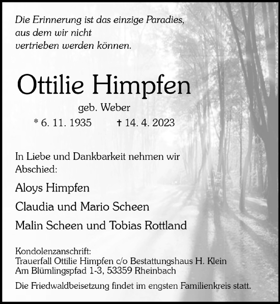Anzeige von Ottilie Himpfen von  Schaufenster/Blickpunkt 