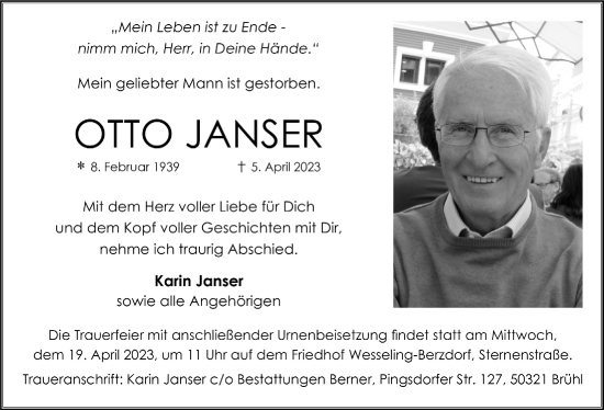 Anzeige von Otto Janser von  Schlossbote/Werbekurier 