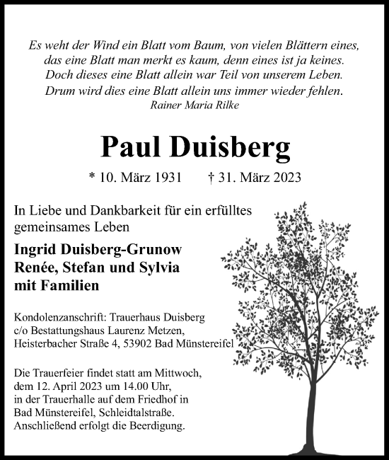Anzeige von Paul Duisberg von Kölner Stadt-Anzeiger / Kölnische Rundschau / Express