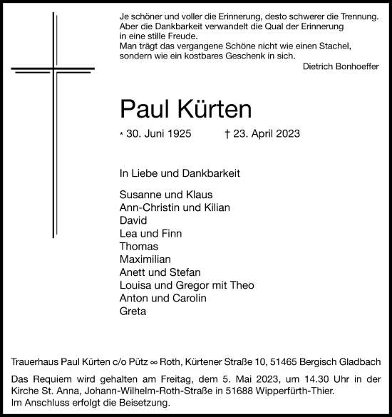 Anzeige von Paul Kürten von Kölner Stadt-Anzeiger / Kölnische Rundschau / Express