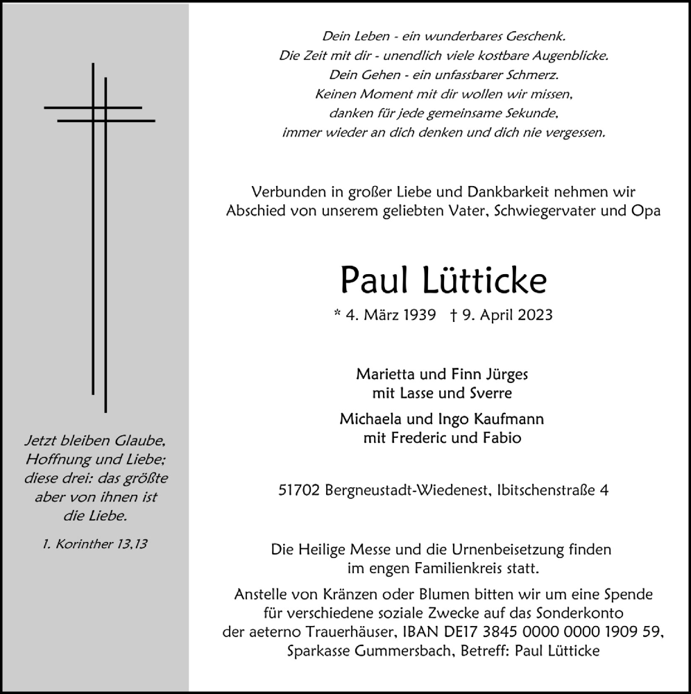  Traueranzeige für Paul Lütticke vom 14.04.2023 aus  Anzeigen Echo 