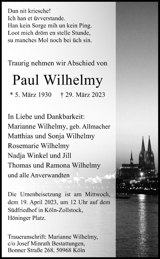 Anzeige von Paul Wilhelmy von Kölner Stadt-Anzeiger / Kölnische Rundschau / Express