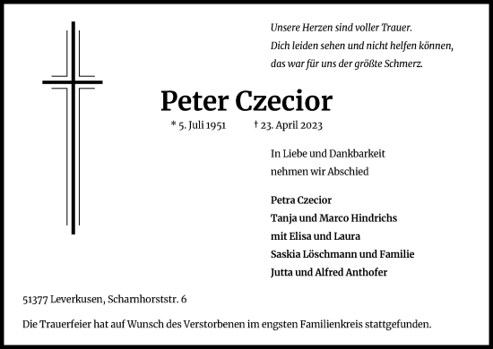 Anzeige von Peter Czecior von Kölner Stadt-Anzeiger / Kölnische Rundschau / Express