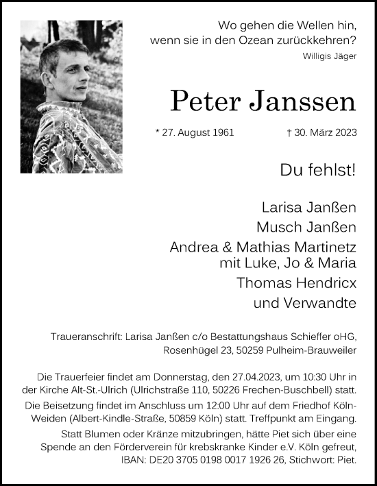 Anzeige von Peter Janssen von Kölner Stadt-Anzeiger / Kölnische Rundschau / Express