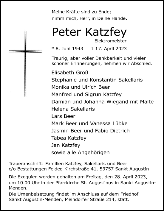 Anzeige von Peter Katzfey von Kölner Stadt-Anzeiger / Kölnische Rundschau / Express