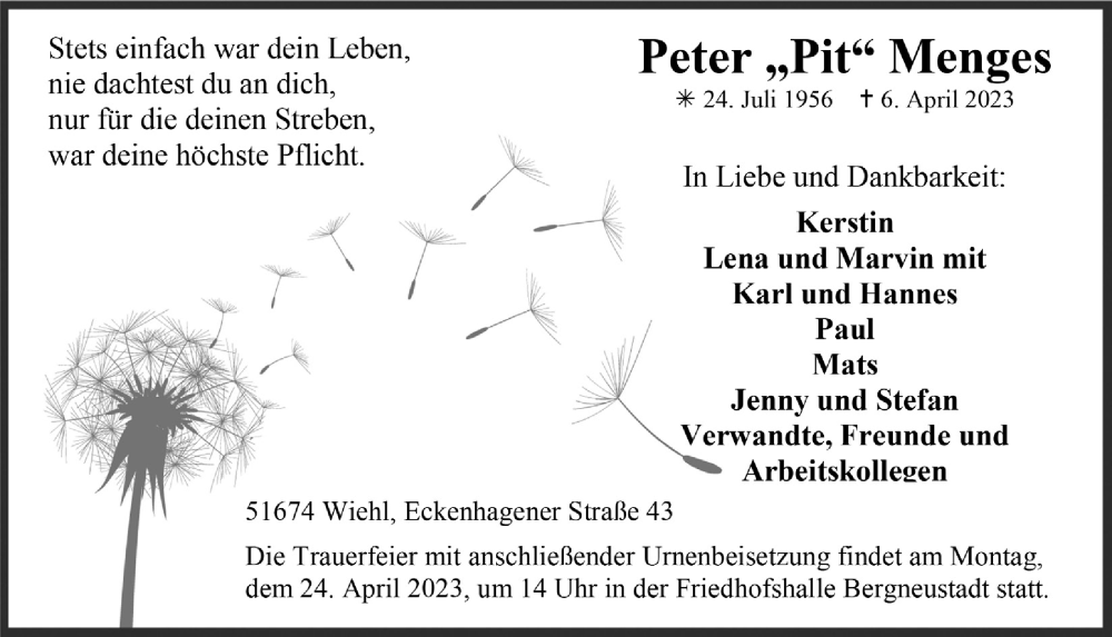  Traueranzeige für Peter Menges vom 14.04.2023 aus  Anzeigen Echo 