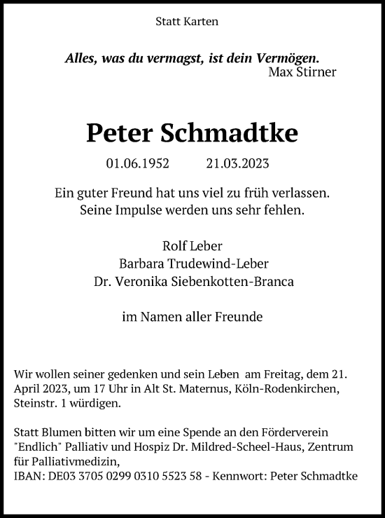 Anzeige von Peter Schmadtke von Kölner Stadt-Anzeiger / Kölnische Rundschau / Express