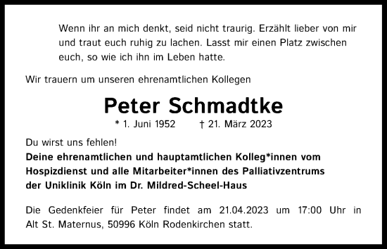 Anzeige von Peter Schmadtke von Kölner Stadt-Anzeiger / Kölnische Rundschau / Express