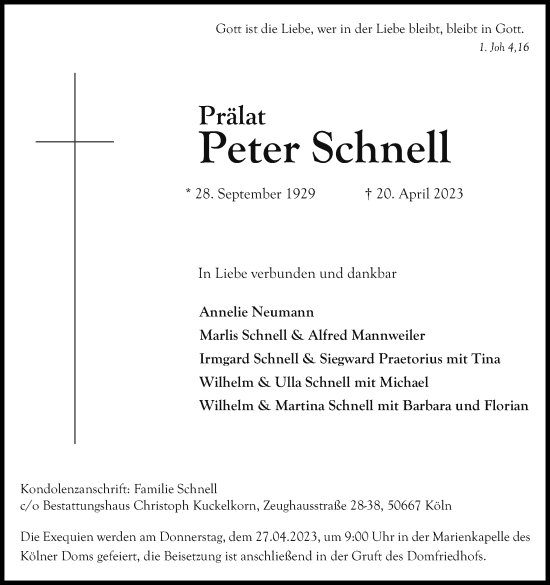Anzeige von Peter Schnell von Kölner Stadt-Anzeiger / Kölnische Rundschau / Express