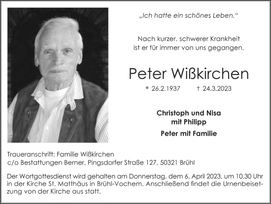 Anzeige von Peter Wißkirchen von  Schlossbote/Werbekurier 