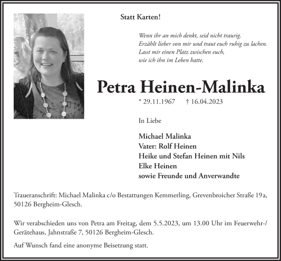 Anzeige von Petra Heinen-Malinka von  Werbepost 