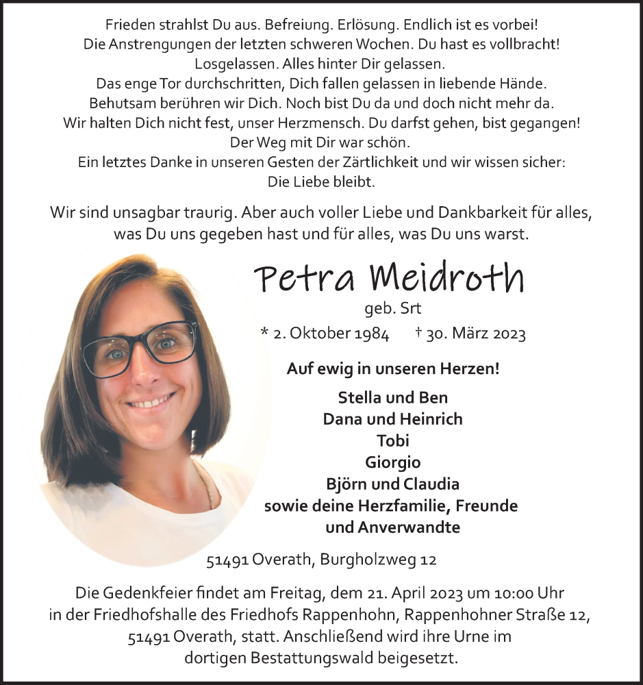  Traueranzeige für Petra Meidroth vom 08.04.2023 aus Kölner Stadt-Anzeiger / Kölnische Rundschau / Express