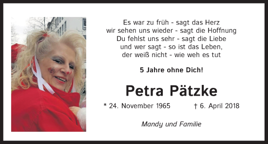 Anzeige von Petra Pätzke von Kölner Stadt-Anzeiger / Kölnische Rundschau / Express
