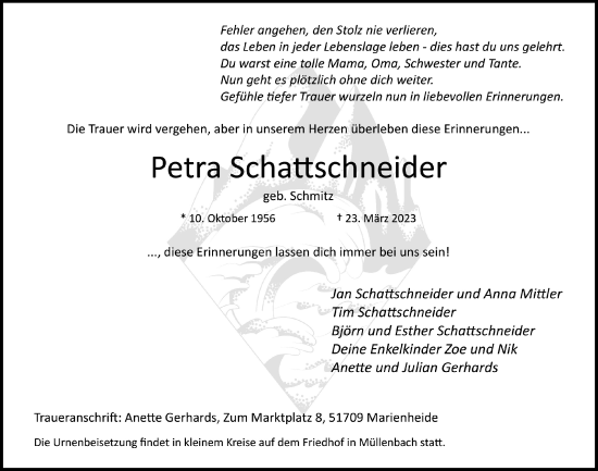 Anzeige von Petra Schattschneider von  Anzeigen Echo 