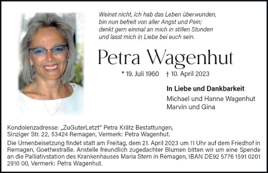 Anzeige von Petra Waenhut von  EXPRESS - Die Woche 