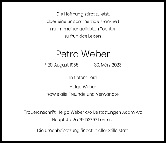 Anzeige von Petra Weber von Kölner Stadt-Anzeiger / Kölnische Rundschau / Express