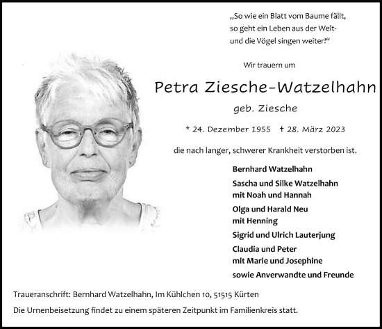 Anzeige von Petra Ziesche-Watzelhahn von  Bergisches Handelsblatt 
