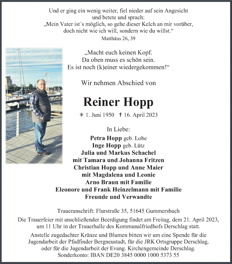  Traueranzeige für Reiner Hopp vom 19.04.2023 aus Kölner Stadt-Anzeiger / Kölnische Rundschau / Express