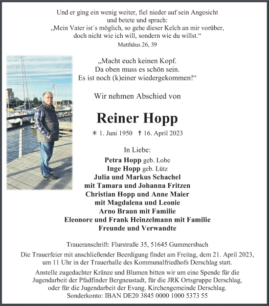 Anzeige von Reiner Hopp von Kölner Stadt-Anzeiger / Kölnische Rundschau / Express